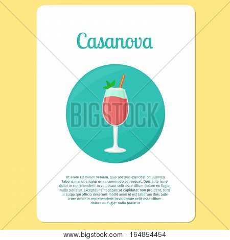 Casanova cocktail menu item or sticker.Party drink in circle icon. Vector illustration