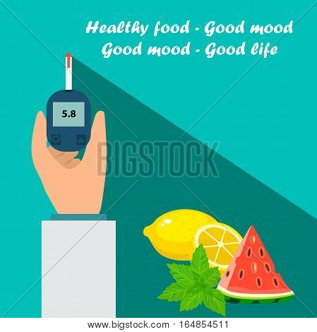 Very high quality original trendy vector flat illustration Blood test or glaucometer, glucose meter with healty food