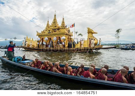 INLE-LAKE, MYANMAR - OCT 06 2014: The festival of Phaung Daw Oo Pagoda at Inle Lake in October 2014.