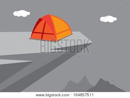 Vector illustration of a camping dome tent at near the edge of a high overhanging rocky cliff.