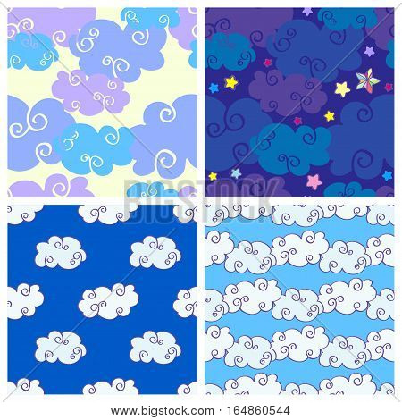 Set of vector cartoon hand drawn clouds seamless patterns. Coolection of backgrounds with cloud