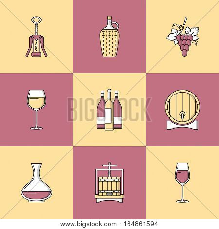 Winemaking icons on colorful square. Collection of flat style design element. Can be used for web page banner info-graphics