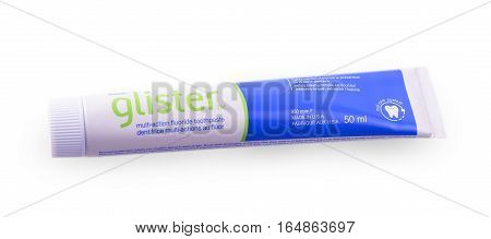 Chisinau Moldova 12 - January 2017:: Glister toothpaste box on the white background.