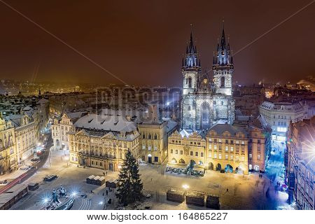 Aerial winter night view on Church of Our Lady before Tyn on Old Town Square of Prague Kostel Panny Marie Pred Tynem