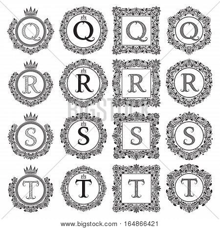 Vintage monograms set of Q R S T letter. Heraldic coats of arms in wreaths round and square frames. Black symbols on white.