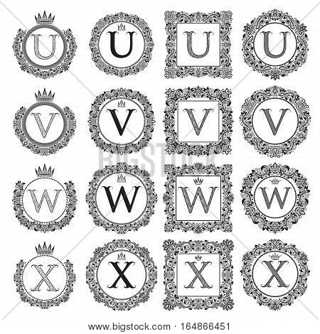 Vintage monograms set of U V W X letter. Heraldic coats of arms in wreaths round and square frames. Black symbols on white.