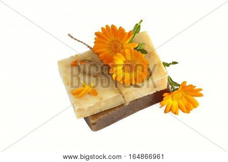 Natural handmade soap with calendula isolated on white