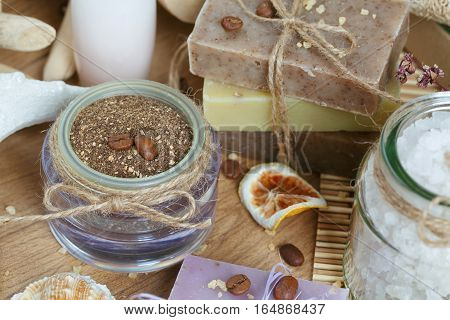 Composition of spa treatment on wooden background