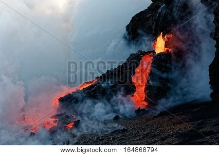 Lava from the Kilauea Volcano eruption in Hawaii entering the pacific ocean