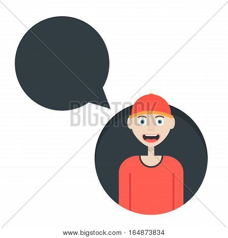 boy in red baseball cap with speech bubble. concept of fast food worker, workman, communication, conversation, clerk. isolated on white background. flat style trend modern design vector illustration