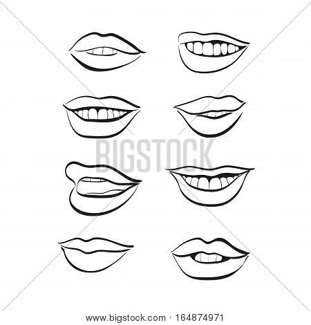 Lips vector icon set on the white background. Black and white emotions illustration.