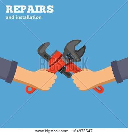 Plumbing Service concept Repair and installation falt icons hands with spanner and wrench. isolated vector illustration