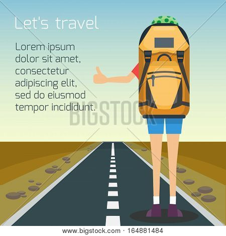 Travel hitchhiking concept. Hitchhiker standing on the road with big backpack. Individual tourism and journey. Tourist on the road. Vector illustration. Flat cartoon style