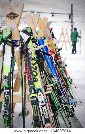 Jungfrau,Switzerland-Jan 4,2017:Closeup Equipment for skiing, a sport popular in winter, in Switzerland and in countries with colder climates and snow.