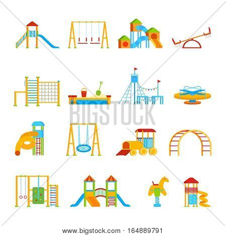 Sixteen isolated childrens playground equipment elements set with flat cartoon icons of carrousels seesaws and slippery dips vector illustration