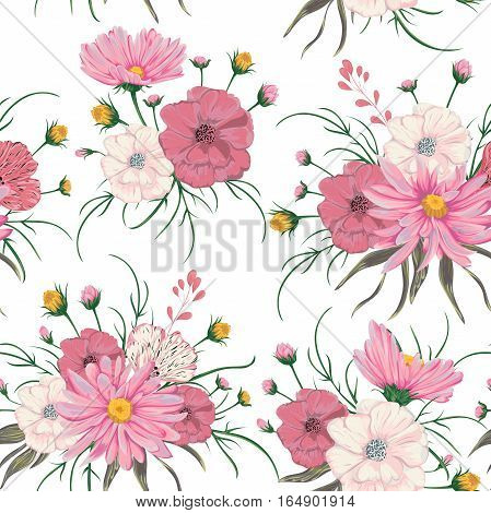 Seamless pattern with chamomile and poppy flowers. Rustic floral design for wedding invitations and birthday cards. Vintage vector botanical illustration in watercolor style.