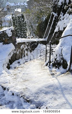 Lyon city in famous croix Rousse district in winter, France