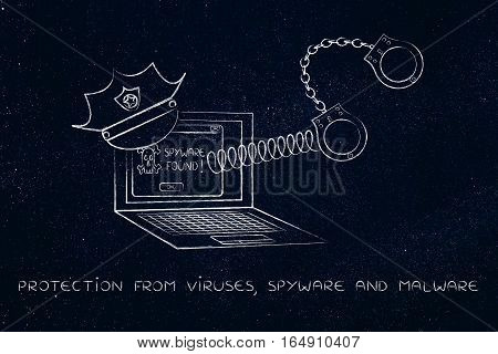 Laptop With Police Hat And Handcuffs, Spyware Found Message