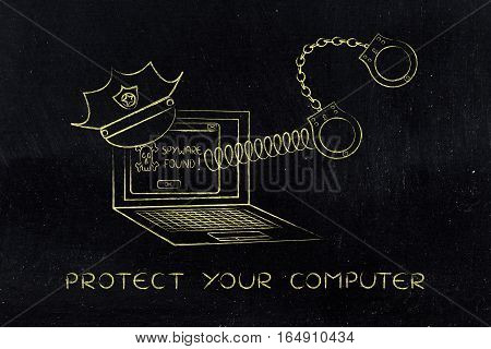 Laptop With Police Hat And Handcuffs, Spyware Found Message