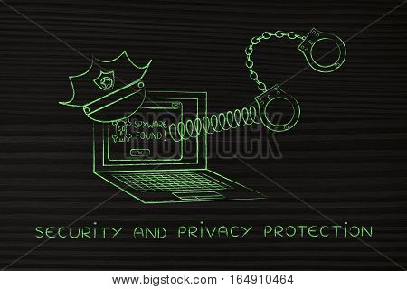 Laptop With Police Hat And Handcuffs, Spyware Found Message