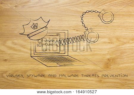 Laptop With Police Hat And Handcuffs, Spyware Found Message