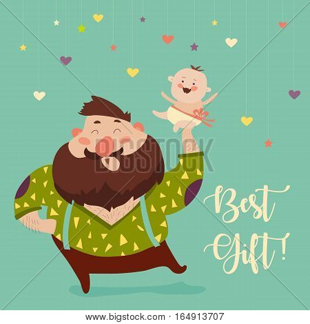 Happy father smiling with little baby. Vector illustration