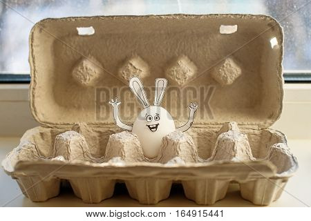 Easter smiling egg - rabbit in cardboard container.