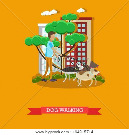 Vector illustration of volunteer man walking dogs in the park, in the street. Voluntary organizations services concept design element in flat style.