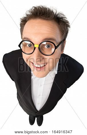 Young Man With Glasses In Suit Standing Top-down View - Isolated
