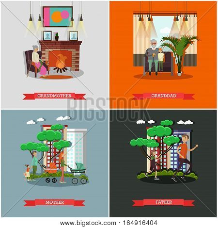 Vector set of family concept posters in flat style. Grandmother, granddad, Mother and Father design elements.