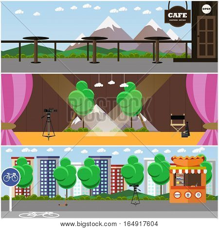 Vector set of photo, video interior concept backgrounds, posters, banners in flat design. Cafe on mountain, theater stage, city street, professional cameras.