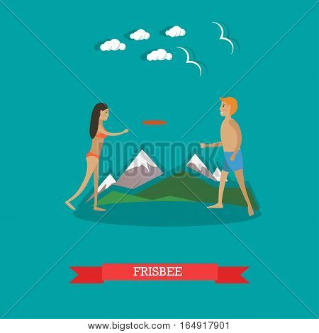 Vector illustration of young man and woman playing frisbee on the beach. Summer vacation, outdoor games concept design element in flat style.