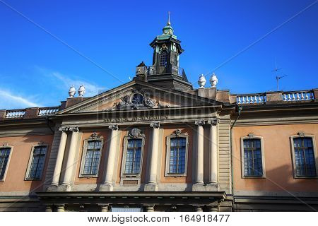 STOCKHOLM SWEDEN - AUGUST 19 2016: The Swedish Academy and Nobel Museum located on Stortorget square Gamla Stan in Stockholm Sweden on August 19 2016.