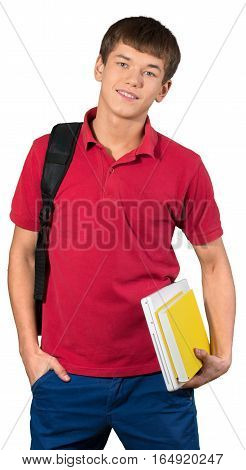 Teen male preppy holding laptop and school book