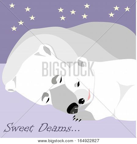 Sweet dreams card with mommy and baby polar bears under the stars