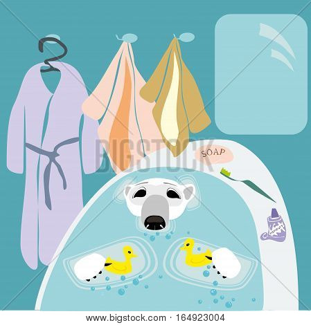 Polar bear taking bath with two yellow ducks
