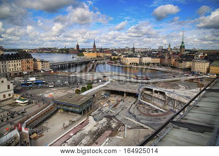 STOCKHOLM SWEDEN - AUGUST 20 2016: Aerial view of Stockholm from Great lookout point Katarinahissen (Katarina Elevator) and construction in progress in Stockholm Sweden on August 20 2016.