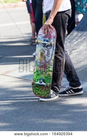 KAZAKHSTAN ALMATY - AUGUST 28, 2016: Urban extreme competition, where the city athletes compete in the disciplines: skateboard, roller skates, BMX. Bmx stunt performed at the top of a mini ramp on a skatepark.Skateboarding Practice Freestyle Extreme Sport