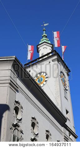 Old Town Hall With Flags Of The Austrian City Of Salzburg