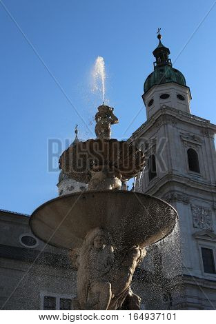 Antique Fountain With Water In The Main Square Of The City Of Sa