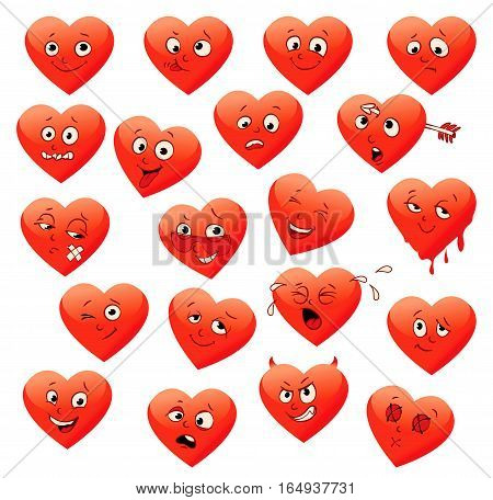 Valentine's set of heart emotions. ( calm, resentful, playful, frightened, sad, satisfied, ailing, thoughtful, jolly, crying, angry, funny, enamored, astonished, laughing ). Vector illustration