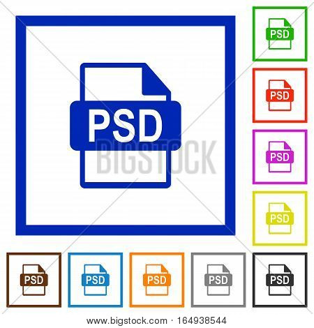 PSD file format flat color icons in square frames on white background