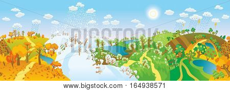 Change of seasons. Seasons in landscape. Beautiful natural landscapes at different time of the year - winter spring, summer, autumn. Vector illustration. Seamless panorama