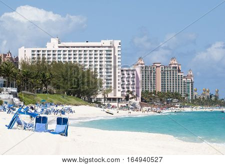 The view of a beach coastline on Paradise Island popular vacation destination in The Bahamas.