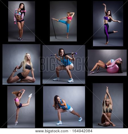 Slim young women doing fitness using different sports eqiupment and posing in jump, squat and splits photo collage