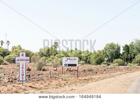 JACOBSDAL SOUTH AFRICA - DECEMBER 31 2016: Signs at the entrance of Jacobsdal a small town in the Free State Province