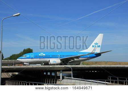Amsterdam the Netherlands - June 9th 2016: PH-BGN KLM Royal Dutch Airlines Boeing 737 taxiing to Polderbaan runway Schiphol destination Copenhagen Denmark