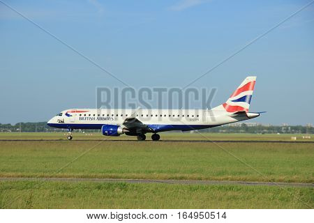 Amsterdam the Netherlands - June 9th 2016:G-LCYN BA CityFlyer Embraer ERJ-190SR takeoff from Polderbaan runway destination London United Kingdom