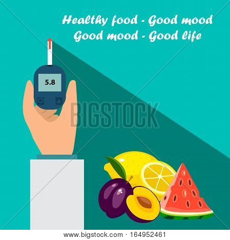 Very high quality original trendy vector flat illustration Blood test or glaucometer, glucose meter with healty food