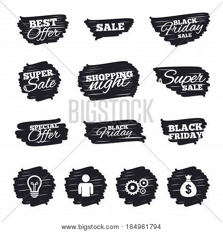 Ink brush sale stripes and banners. Business icons. Human silhouette and lamp bulb idea signs. Dollar money bag and gear symbols. Black friday. Ink stroke. Vector